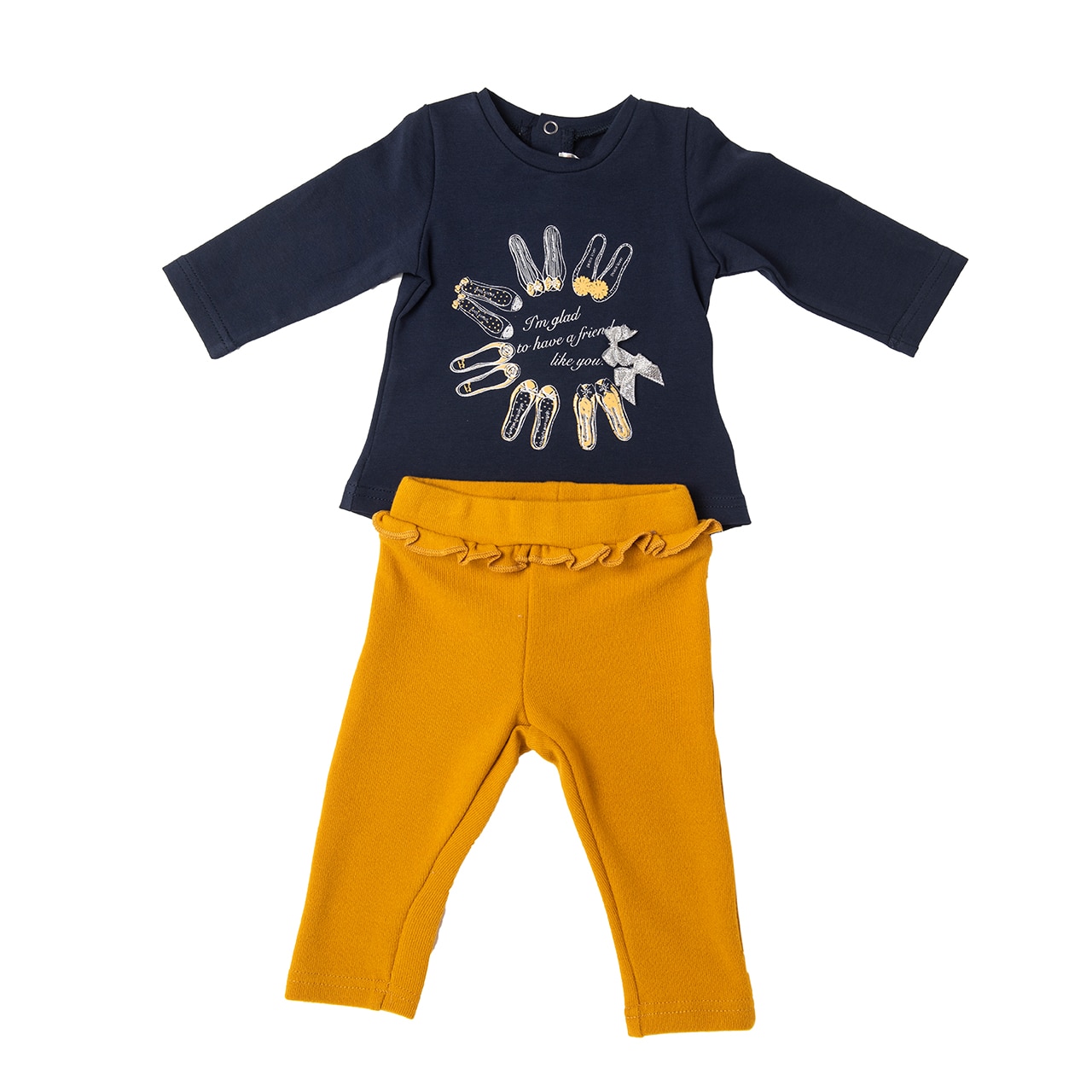 Set 2 piese fete, tricou maneca lunga cu imprimeu si colanti, Babybol, navy/galben