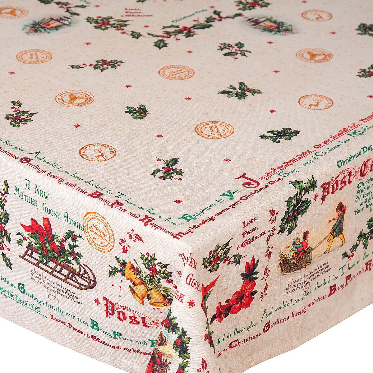 Fata de masa Craciun, BonDia, Model Babad 103, 160 cm x 250 cm, Bumbac, Bej/Rosu, Vasc/Sanie/Clopotei