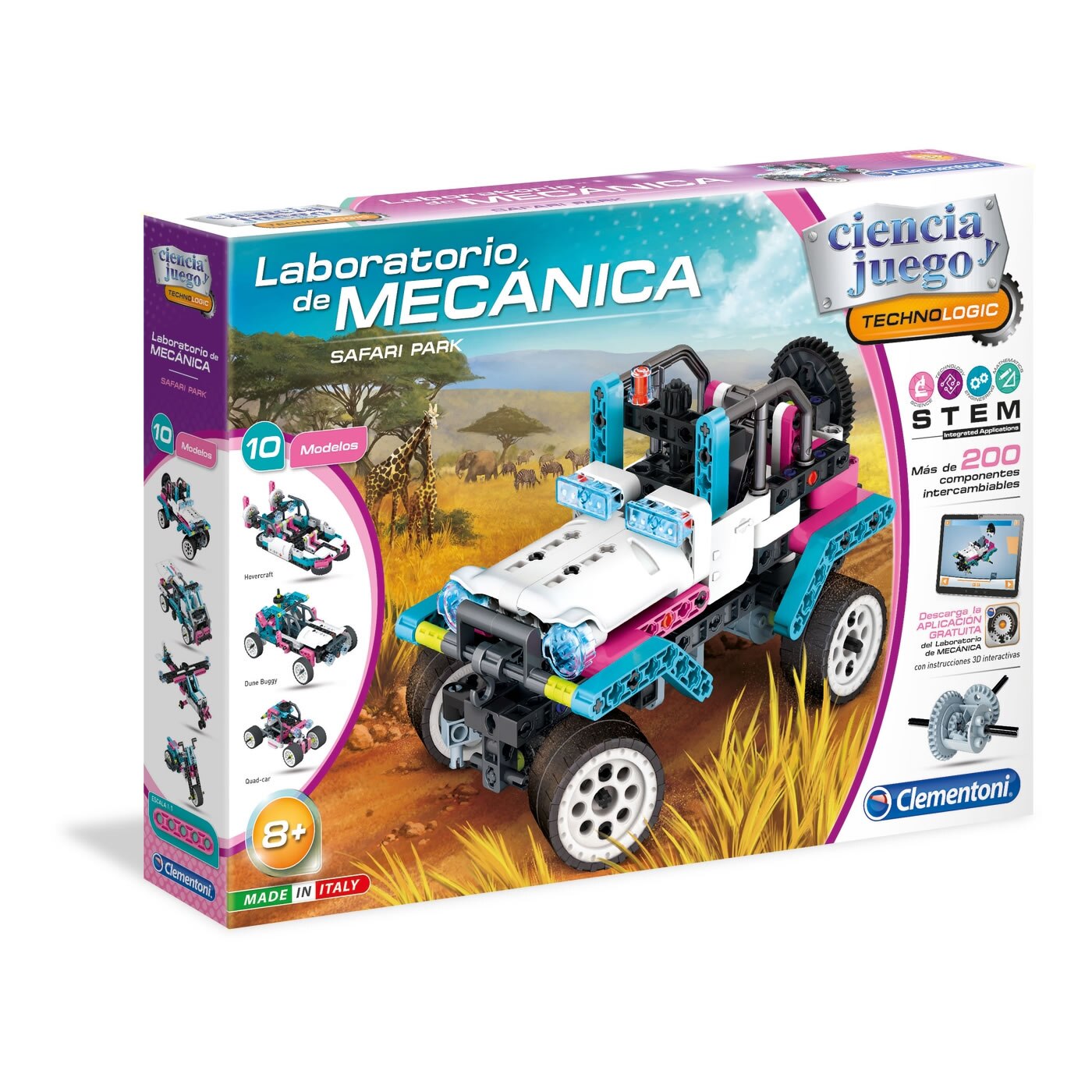 Set constructie Clementoni, Laboratorul de mecanica - Safari Park, 200 piese, 10 modele posibile