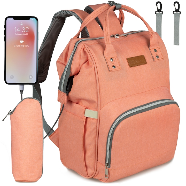 Чанта за количка NEVEQ, Раница за бебешки принадлежности, Многофункционална чанта за памперси с вграден USB порт, Розовo-оранжева