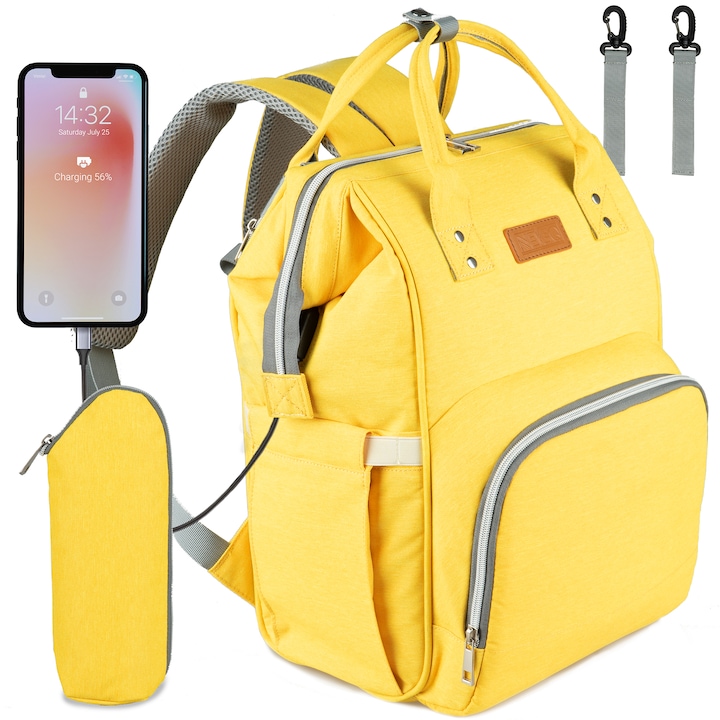 Чанта за количка NEVEQ, Раница за бебешки принадлежности, Многофункционална чанта за памперси с вграден USB порт, Жълта