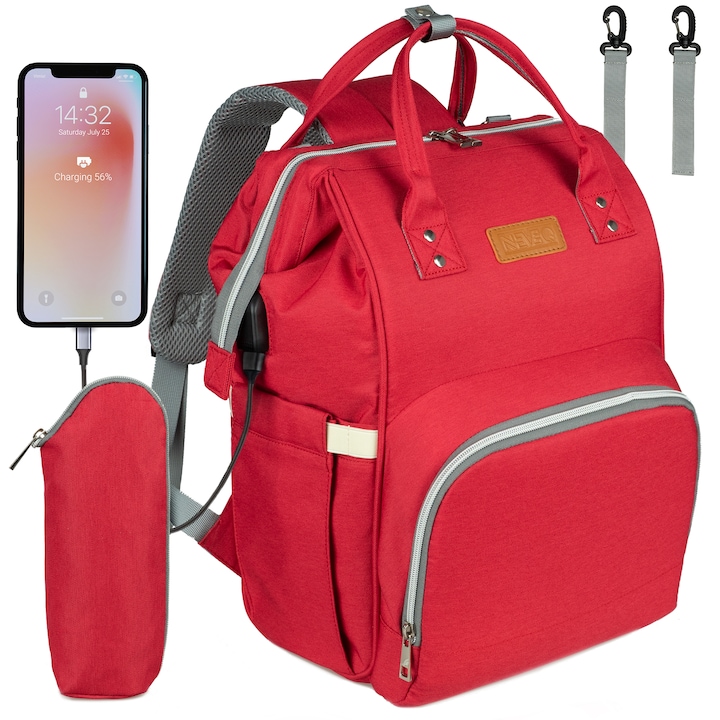 Чанта за количка NEVEQ, Раница за бебешки принадлежности, Многофункционална чанта за памперси с вграден USB порт, Червена