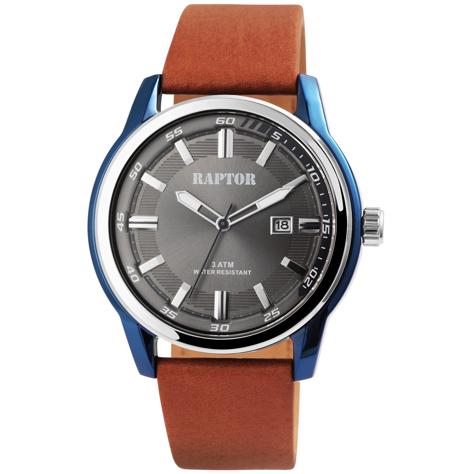 Ceas barbatesc, Raptor, data, cadran gri, curea piele maro deschis