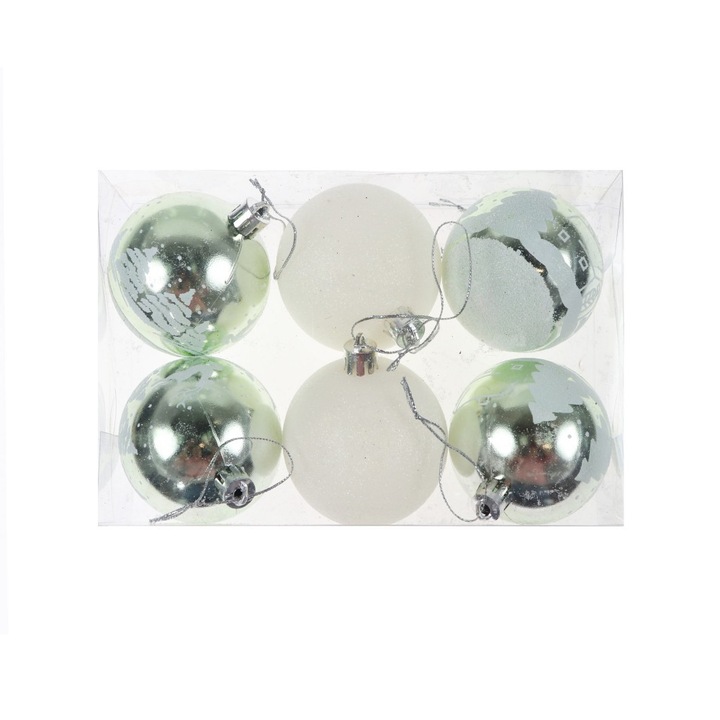 Set globulete brad de Craciun, 6 globuri albe din plastic, 6 cm diametru, GB0003