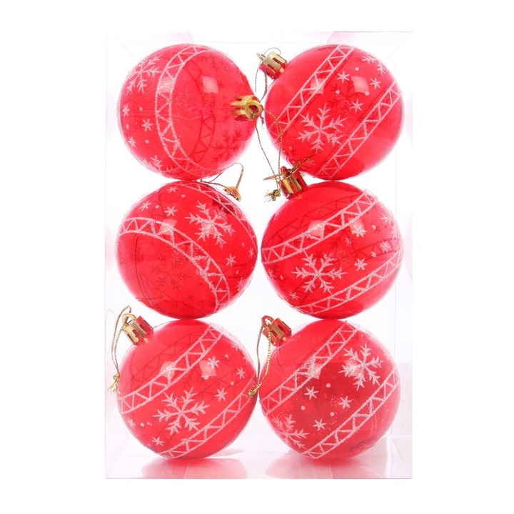 Set globulete brad de Craciun, 6 globuri rosii din plastic, 7 cm diametru, GB0001, GB0001