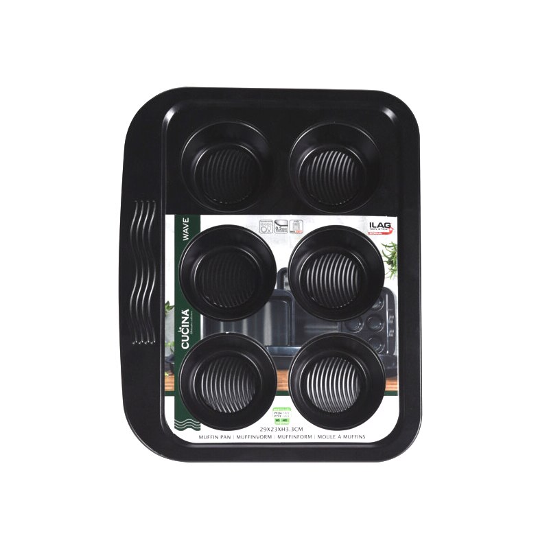 Tava 6 briose 90 ml 29x23x3cm, grosime 0.5 mm greutate 340g, culoare neagra