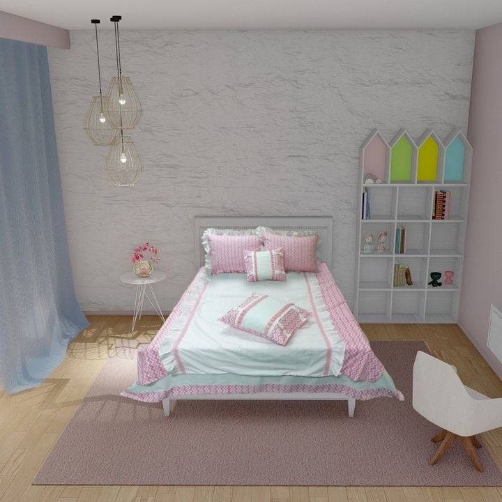Спално бельо Люси, 4 части, цвят бяло/розово, 100% памук (1 плик за завивка 160 х 200, 2 калъфки за възглавница 50 х 70, 1 декоративна калъфка за възглавница 50 х 40)
