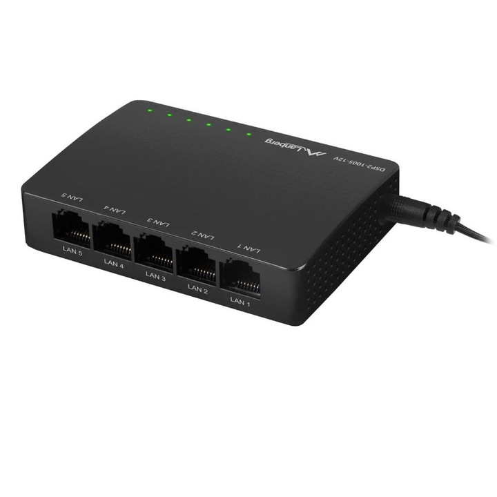 Switch Gigabit Lanberg 42416, cu 5 porturi Gigabit Ethernet RJ-45 10/100/1000 Mbps, 12V, racire pasiva, negru