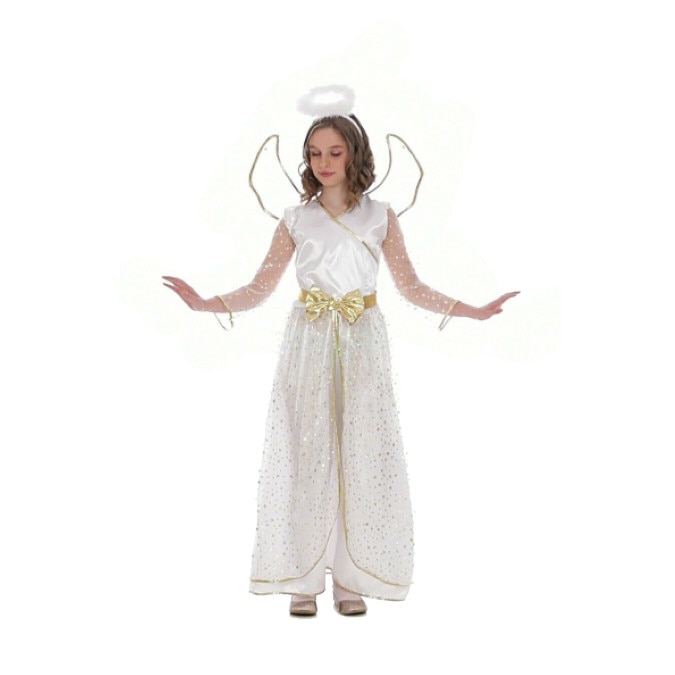 Costum Inger, 3 piese, rochie, aripi si bentita, alb/auriu, 2 - 3 ani