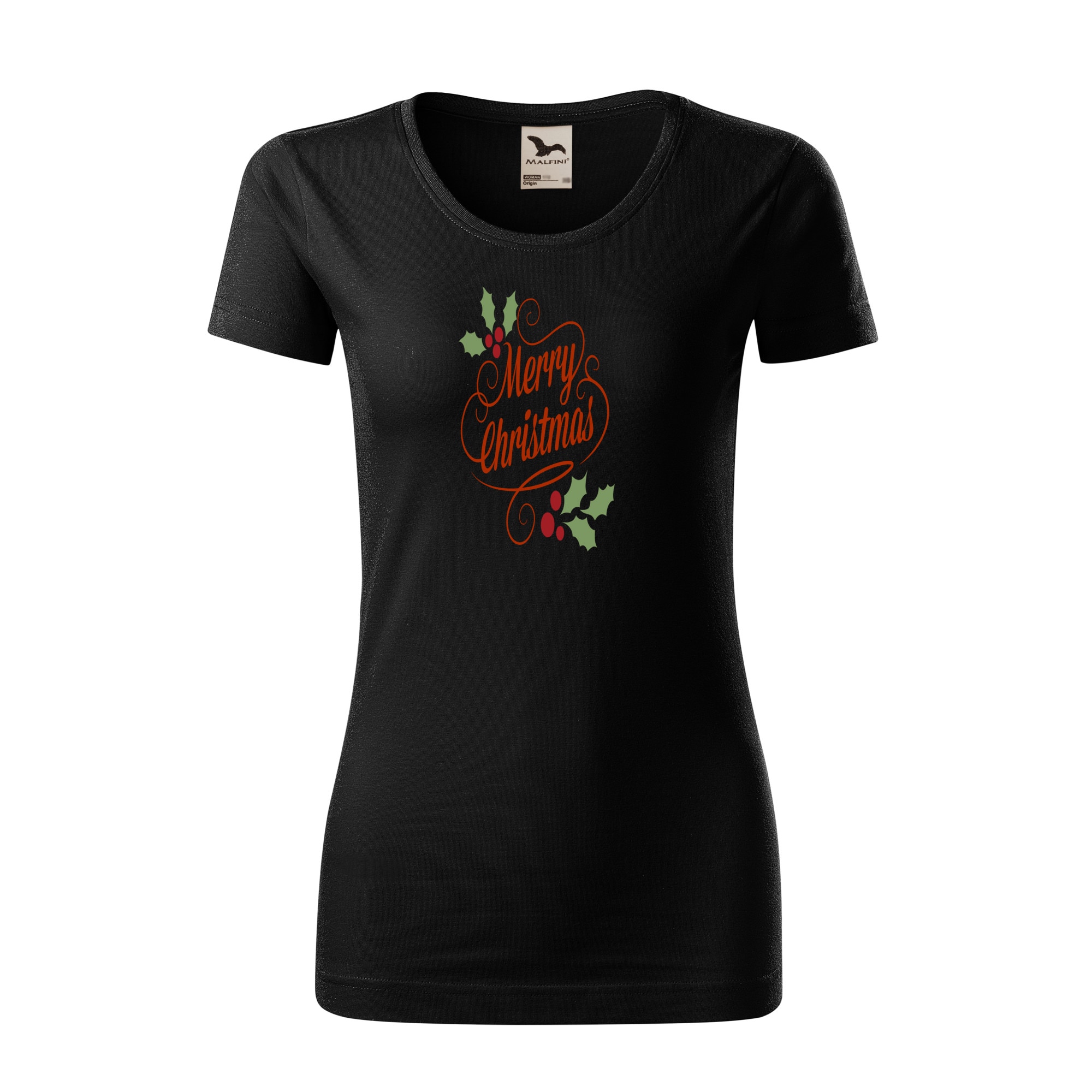 Tricou dama clasic, Malfini, Happy Christmas, Negru, L