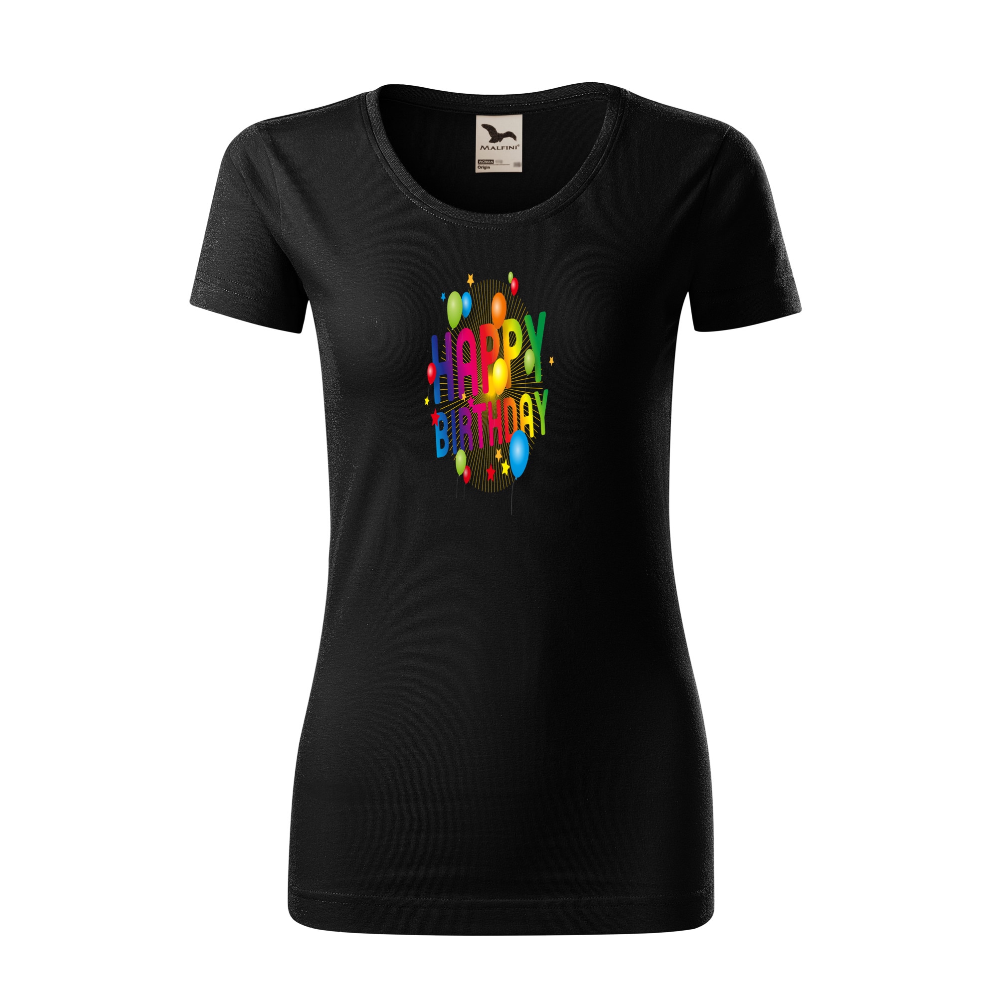 Tricou dama clasic, Malfini, Happy Birthday, Negru, S