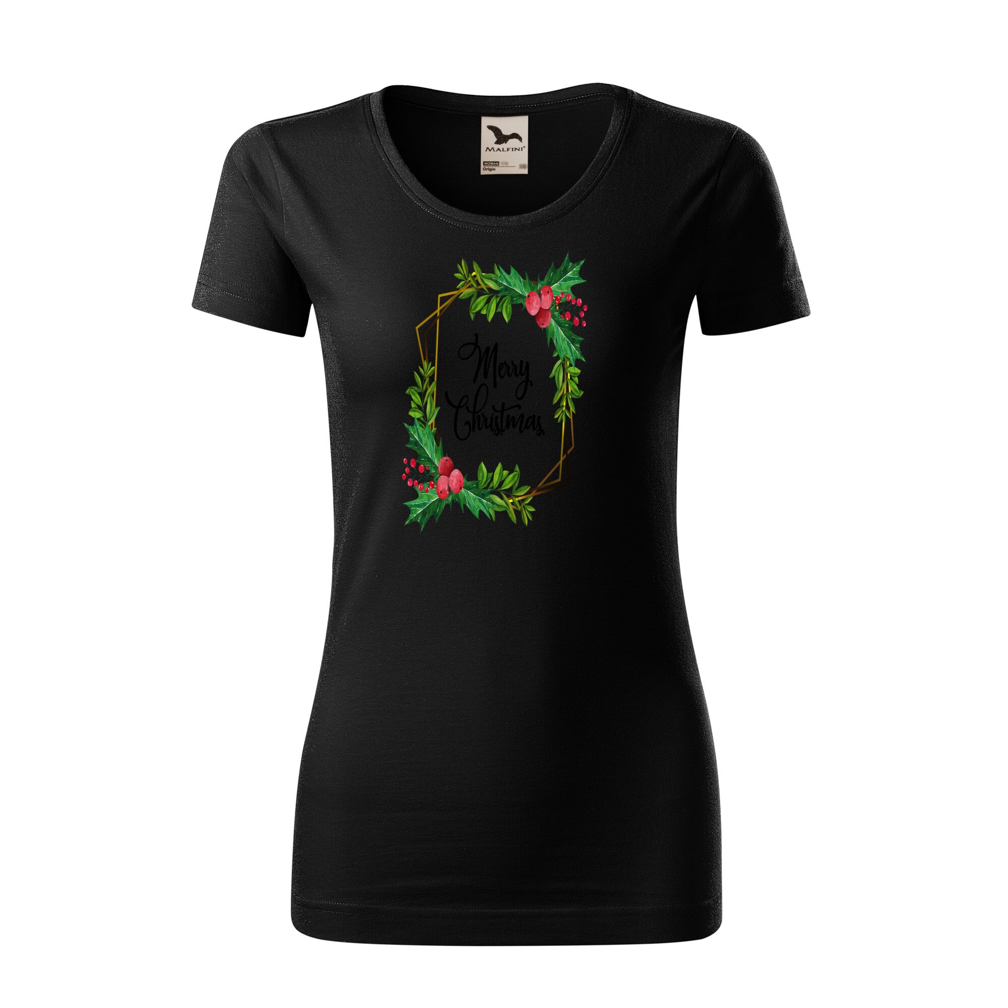 Tricou dama clasic, Malfini, Merry Christmas, Negru, L