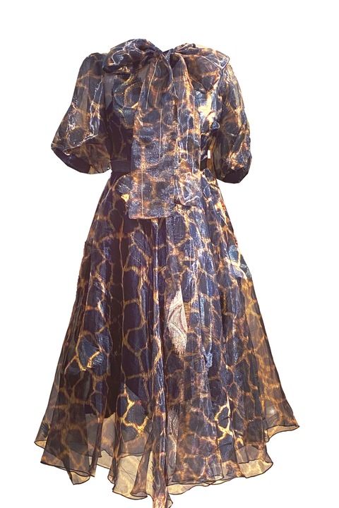 Rochie voluminoasa, eleganta din organza imprimata digital, negru auriu