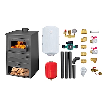 Pachet Termosemineu pe lemne, brichete si carbune Fornello B22 E, 19kW, 50x45x93 cm, boiler termoelectric 80l, vas expansiune, pompa circulatie, kit evacuare si kit montaj Pachet Termosemineu pe lemne, brichete si carbune Fornello B22 E, 19kW, 50x45x93 cm, boiler termoelectric 80l, vas expansiune, pompa circulatie, kit evacuare si kit montaj