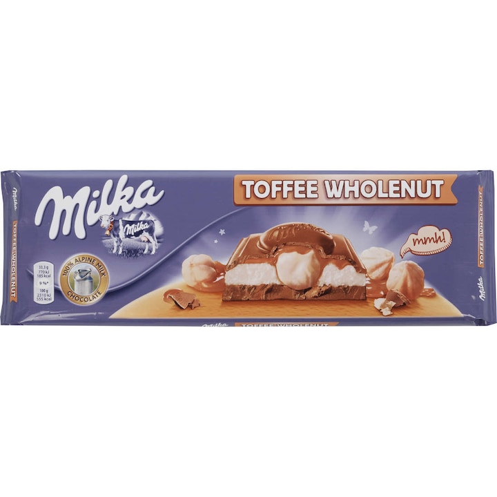 Алпийски млечен шоколад с пълнеж от млечен крем с вкус на карамел, крем карамел и лешници 300гр Milka