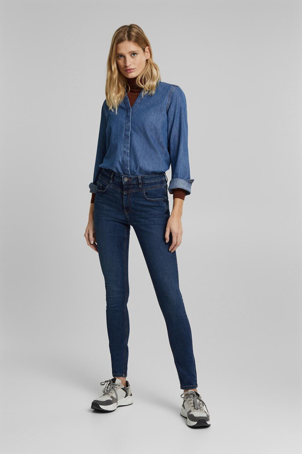 Esprit, Blugi skinny cu talie inalta, Albastru