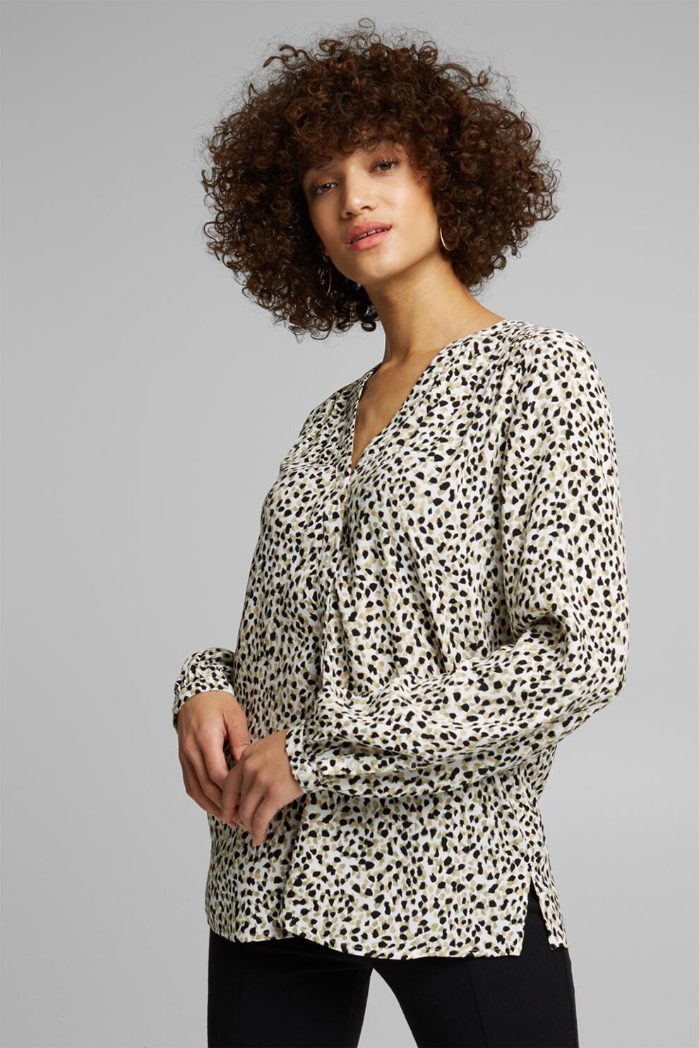 Esprit, Camasa cu imprimeu abstract si maneci lungi, Alb/Negru, M