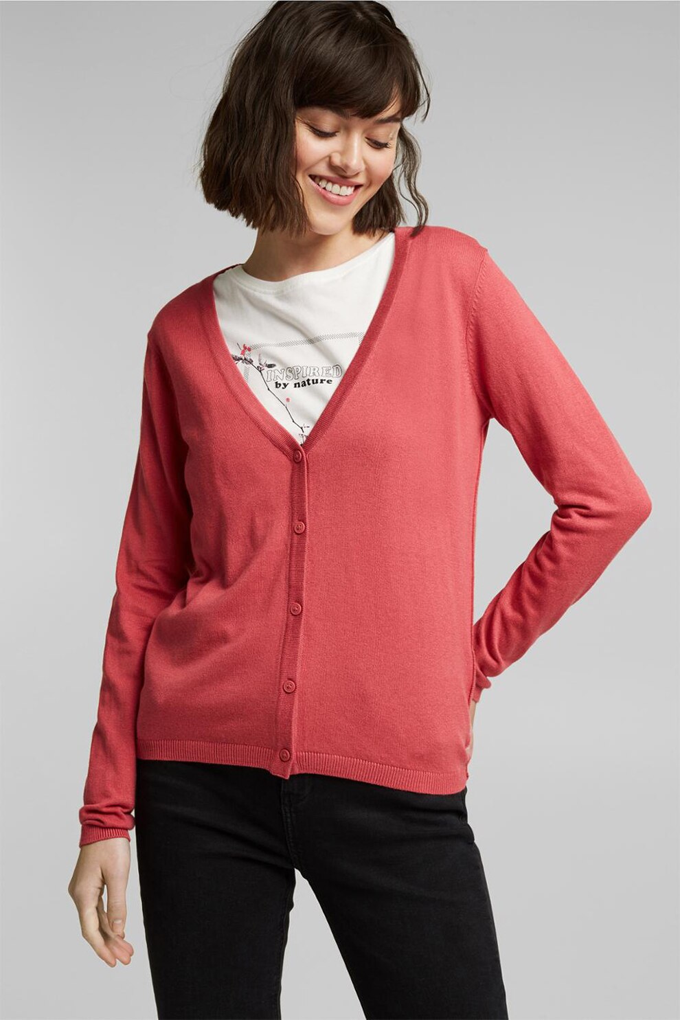 EDC by Esprit, Cardigan din amestec de bumbac organic cu decolteu in V si nasturi, Corai, M