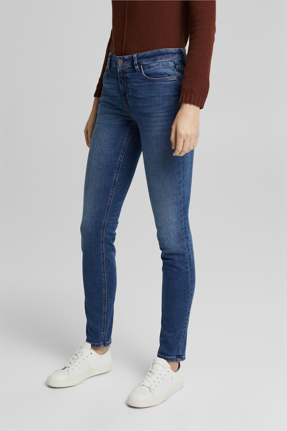 Esprit, Blugi slim fit din amestec de bumbac organic, Albastru inchis