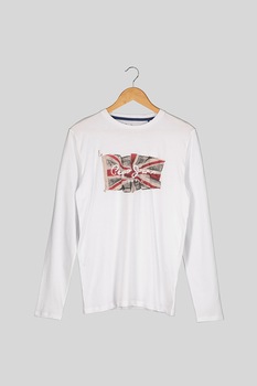 Pepe Jeans London, Bluza din jerseu cu imprimeu steag UK, Alb/Rosu/Maro camel Pepe Jeans London, Bluza din jerseu cu imprimeu steag UK, Alb/Rosu/Maro camel