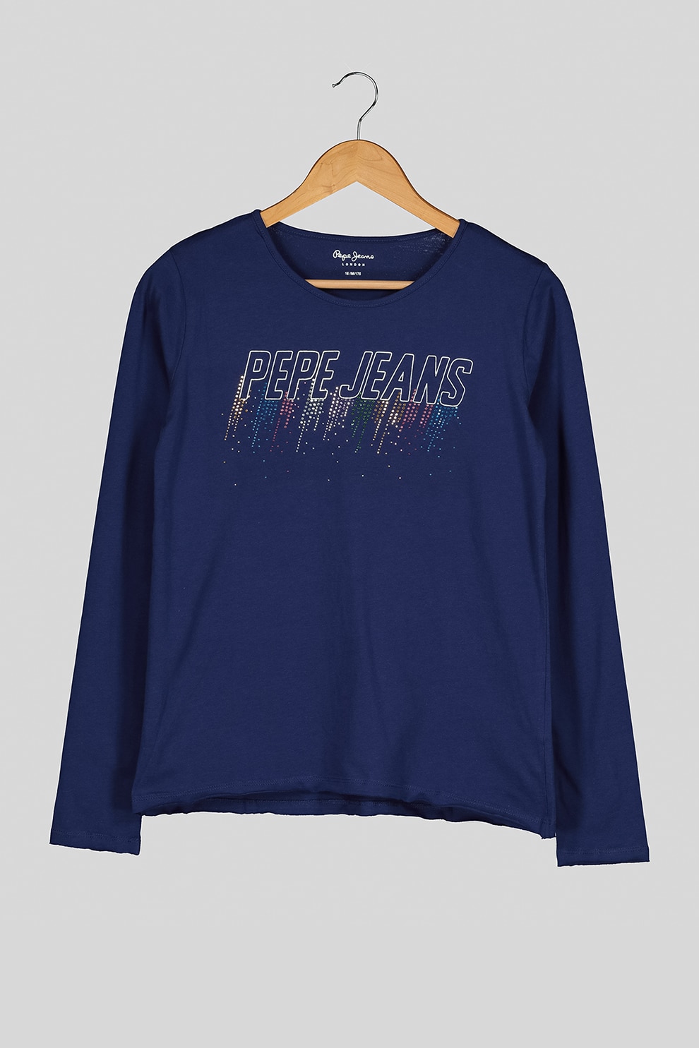 Pepe Jeans London, Bluza de bumbac cu imprimeu si strasuri, Bleumarin, 105 CM