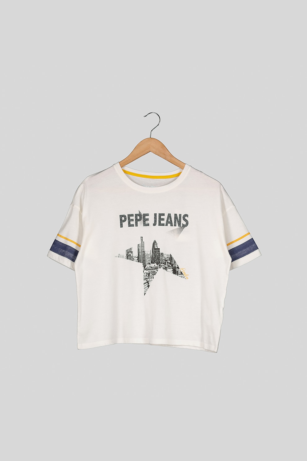 Pepe Jeans London, Tricou crop de bumbac cu imprimeu, Alb/Bleumarin/Galben, 105 CM