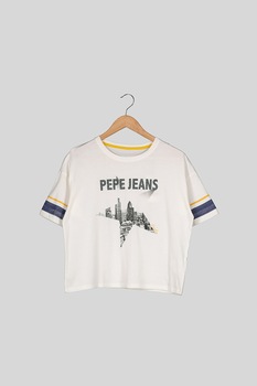 Pepe Jeans London, Tricou crop de bumbac cu imprimeu, Alb/Bleumarin/Galben, 105 CM Pepe Jeans London, Tricou crop de bumbac cu imprimeu, Alb/Bleumarin/Galben, 105 CM