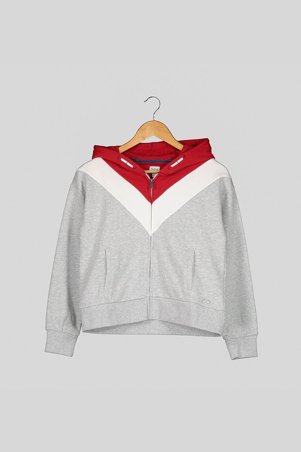 Pepe Jeans London, Hanorac cu fermoar si buzunare laterale, Gri deschis melange/Rosu/Alb