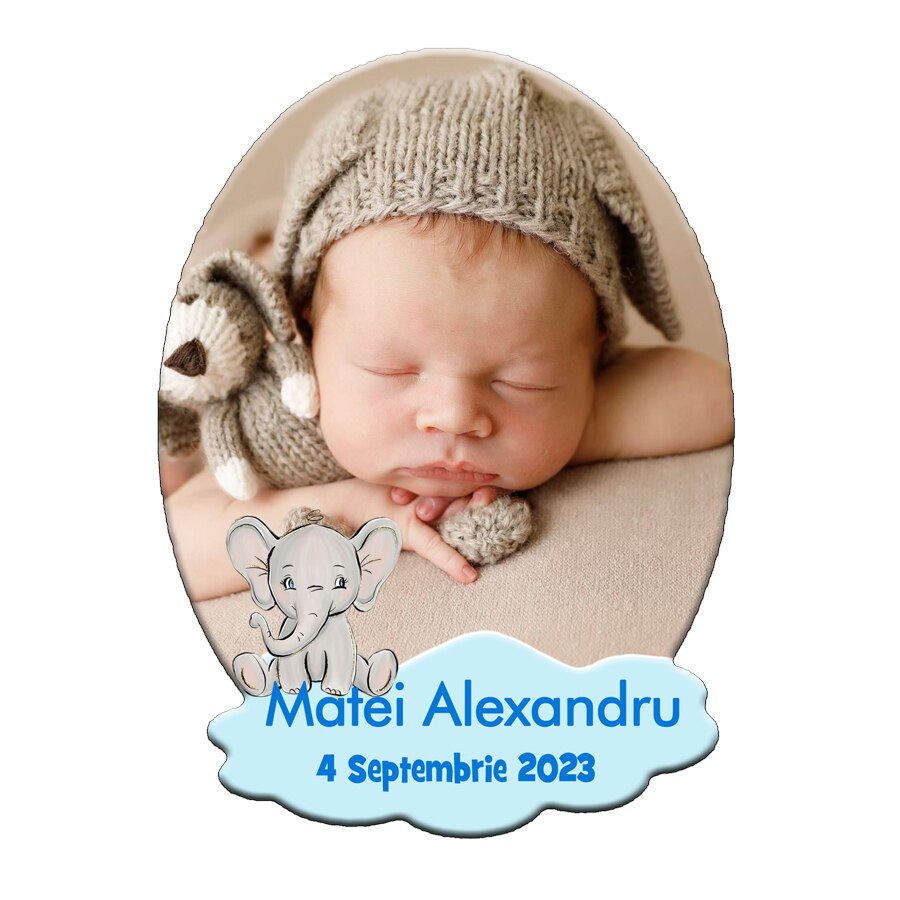 Marturie botez forma ovala personalizare cu elefantel, Personalizari Cadouri, culoare bleu