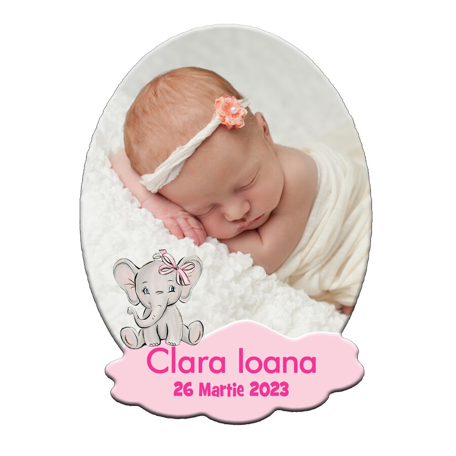 Marturie botez forma ovala personalizare cu elefantel, Personalizari Cadouri, culoare roz