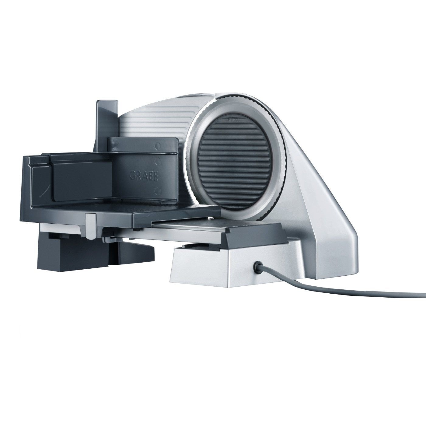 Feliator universal de alimente Graef, V10 Vivo, editie limitata, design compact, lama zimtata diametru 170 mm, grosime feliere reglabila, placa pentru acoperirea lamei, multifunctional, atasament MiniSlice inclus, argintiu