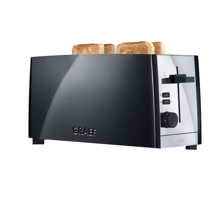 Prajitor de paine Graef, TO102, pentru baghete si felii de paine, capacitate 4 felii, atasament pentru chifle inclus, grad de rumenire ajustabil, functie dezghetare, tavita firimituri detasabila, negru