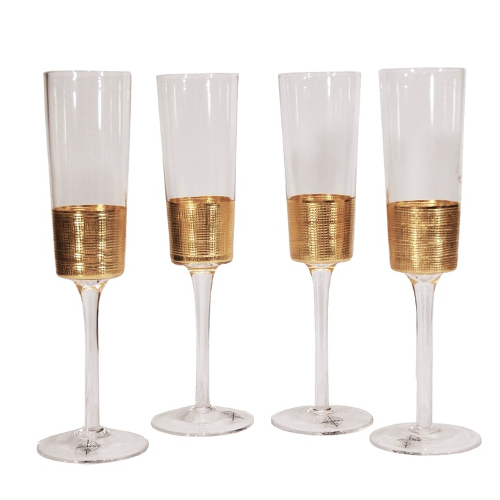 Set 4 pahare de sampanie flute, design auriu, 209 ml