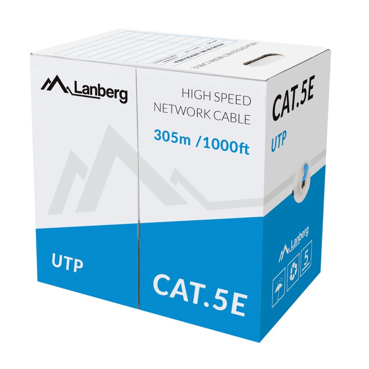Кабелна макара UTP Lanberg 42761, Cat.5e, AWG 24, 100 MHz, Solid CCA, Ethernet, Син, Дължина 305 м