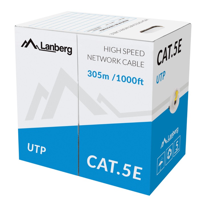 Кабелна макара UTP Lanberg 42763, Cat5e, AWG 24, 100 MHz, Плътен CCA, Ethernet, Жълт, Дължина 305 м