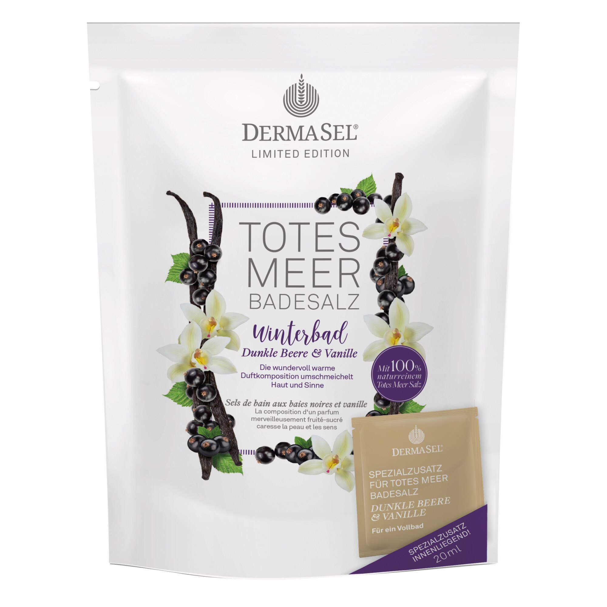 Sare de baie cu minerale, fructe de padure si vanilie Dermasel 400 g + 20 ml