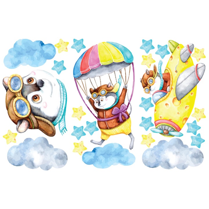 Set stickere decorative perete copii, Stickermania, Soricelul cu Avionanele, 60x90cm