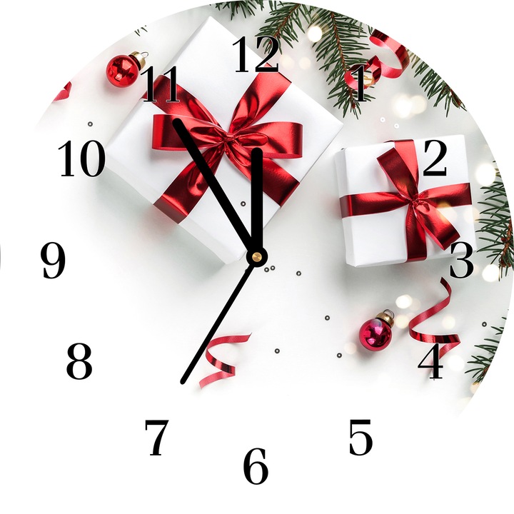 Ceas de perete. Tulup. sticla. model Cadouri. ornamente. crengute de sarbatori. 30cm