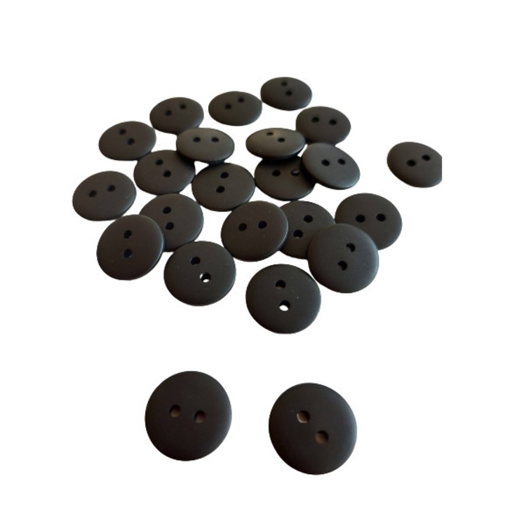Set 10 buc Nasturi poliester negru mat aspect carbune ,15 mm diametru L24 cu 2 gauri, ITALIKA