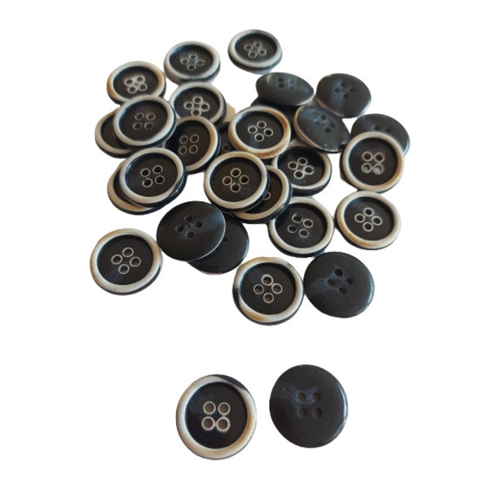 Комплект от 10 лъскави полиестерни копчета в градиентни нюанси на морско, синьо и слонова кост, с декоративна рамка, изпъкнала релефно с огнени преливания, 20 mm диаметър L32 с 4 отвора, ITALIKA