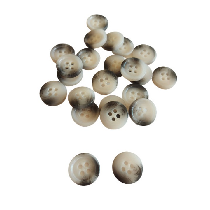 Set 10 buc Nasturi poliester lucios nuante degrade negru,gri si alb ,cu rama decorativa iesita in relief 18 mm diametru L28 cu 4 gauri, ITALIKA