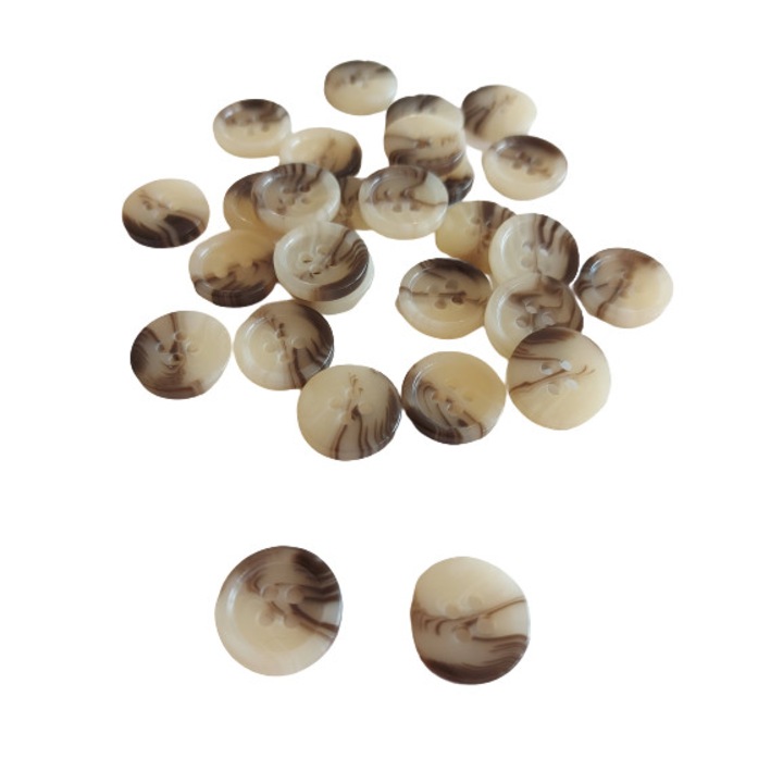 Set 10 buc Nasturi poliester lucios nuante degrade maro,crem si bej ,cu rama decorativa iesita in relief 18 mm diametru L28 cu 4 gauri, ITALIKA