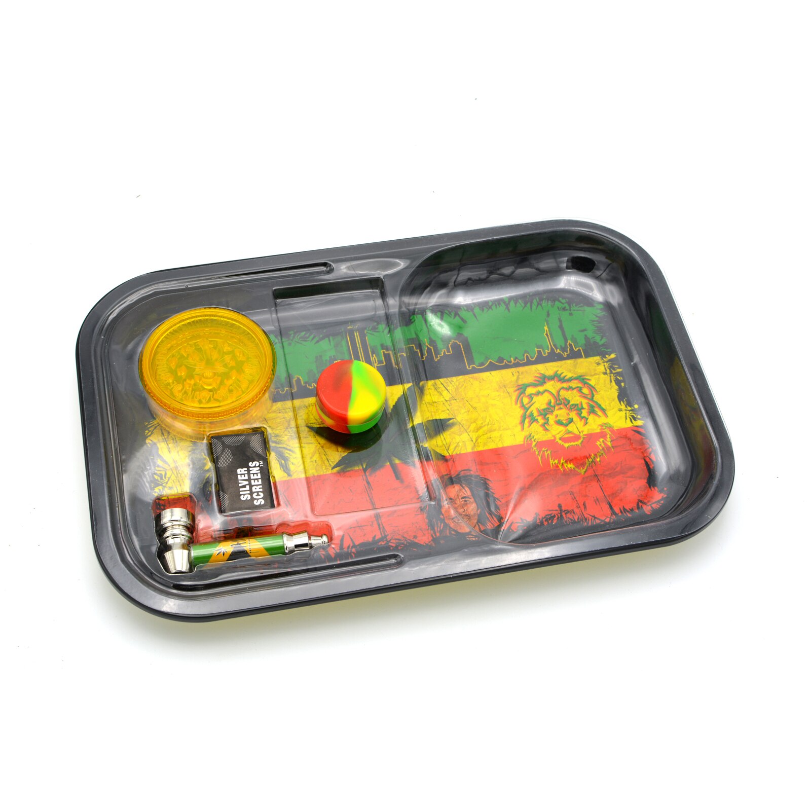 Set Rasta tava rulat, site, grinder, minipipa, pillbox, Toro, Bob