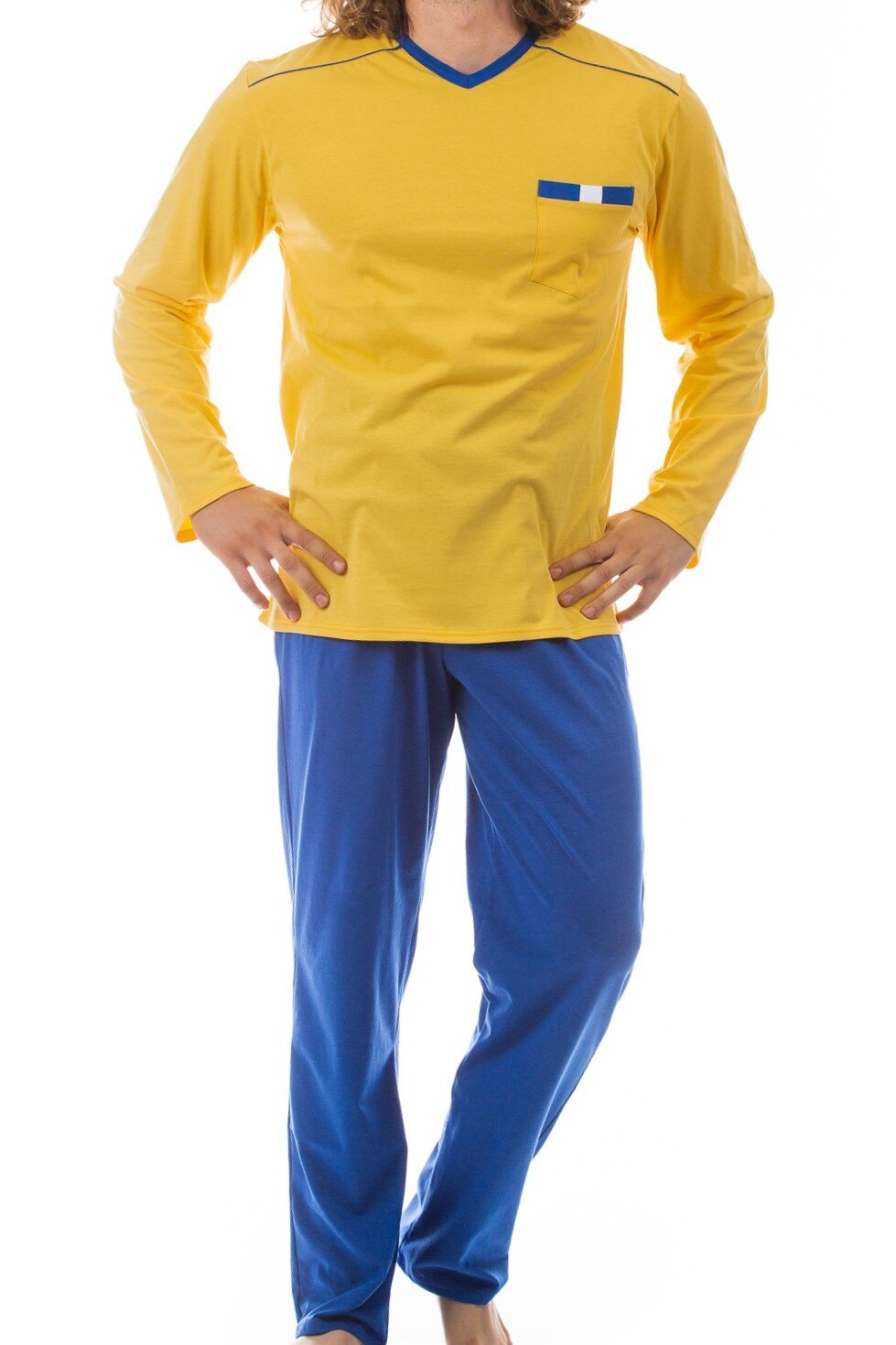 Pijama bumbac de barbati, albastru si galben, Albastru Galben, S