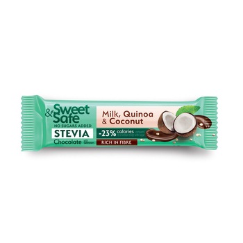 Ciocolata cu lapte & cocos & quinoa si indulcitor din Stevia, Sweet&Safe, fara zaharuri adaugate, 25g Ciocolata cu lapte & cocos & quinoa si indulcitor din Stevia, Sweet&Safe, fara zaharuri adaugate, 25g