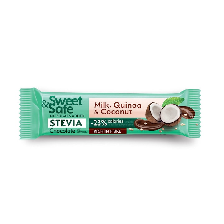 Ciocolata cu lapte & cocos & quinoa si indulcitor din Stevia, Sweet&Safe, fara zaharuri adaugate, 25g