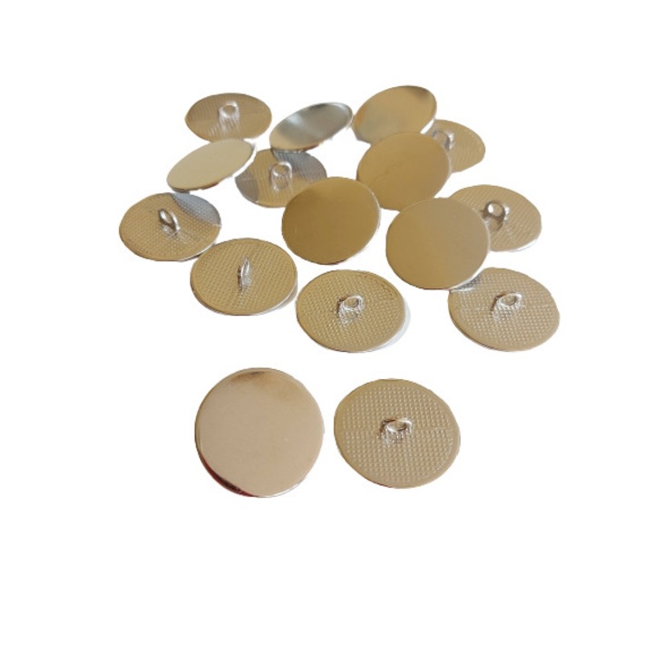 Set 10 buc Nasturi metalici argintiu lucios model plat tip banut 23 mm diametru L36 cu piciorus, ITALIKA