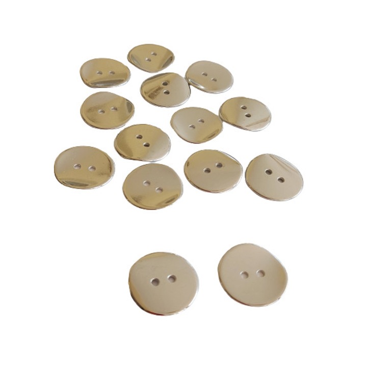 Set 10 buc Nasturi metalici argintiu lucios model tip banut usor ondulat 23 mm diametru L36 cu 2 gauri, ITALIKA