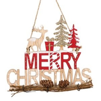 Decoratiune cu model de Craciun,scris,ren,cadouri si brazi,din lemn cu agatatoare Decoratiune cu model de Craciun,scris,ren,cadouri si brazi,din lemn cu agatatoare