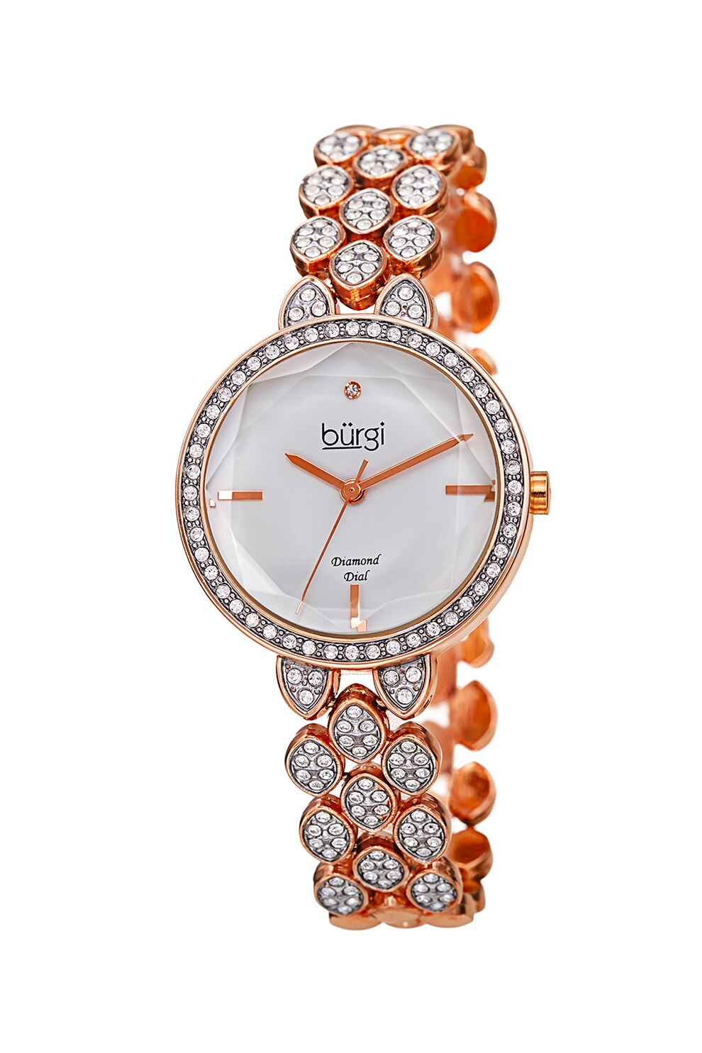 BURGI, Ceas cu bratara decorat cu si 1 diamant, Auriu rose/Argintiu